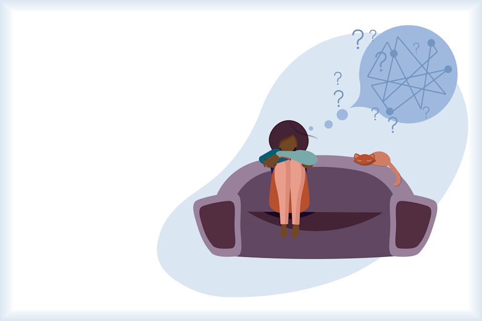 Unhappy young African American girl sitting on sofa and thinking next door red cat.  Sad, sad, flat illustration on white background.  Depressed girl with sad thoughts in her head.