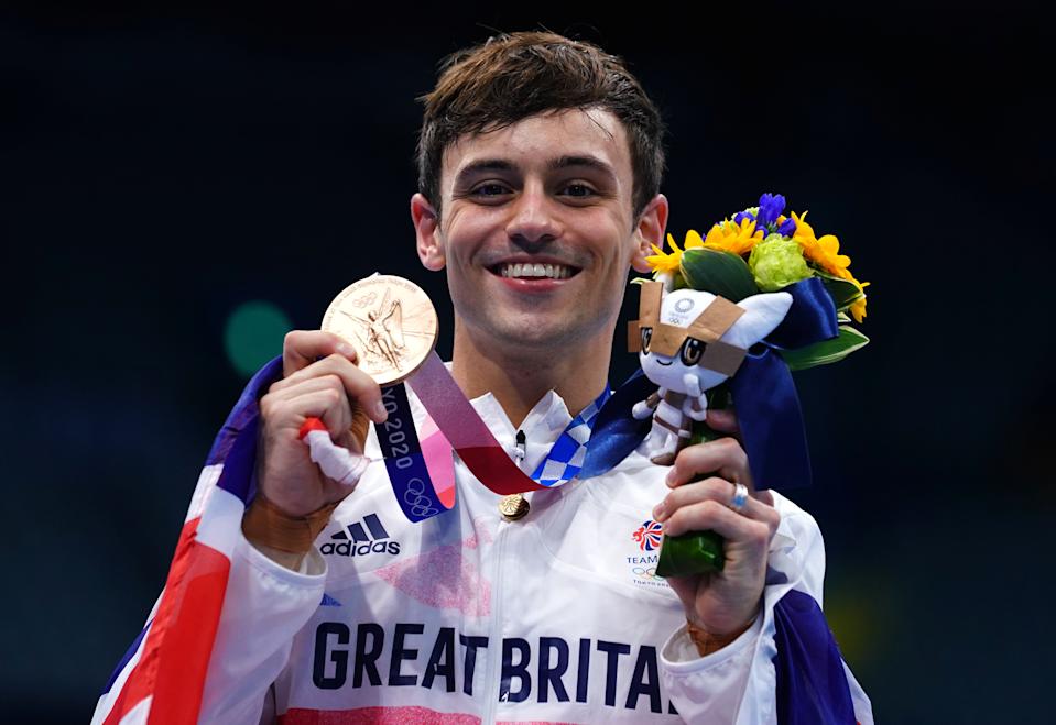 Tom Daley of Great Britain with a bronze medal after the men's 10m platform final at the Tokyo Aquatics Center on day 15 of the Tokyo 2020 Olympic Games in Japan.  Photo date: Saturday, August 7, 2021 (Photo by Adam Davey/PA Images via Getty Images)