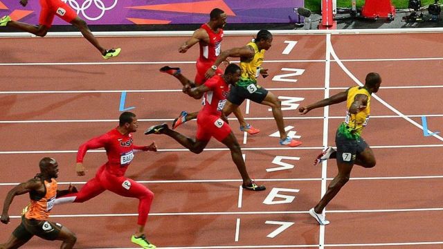 The men's 100m race finish in London 2012