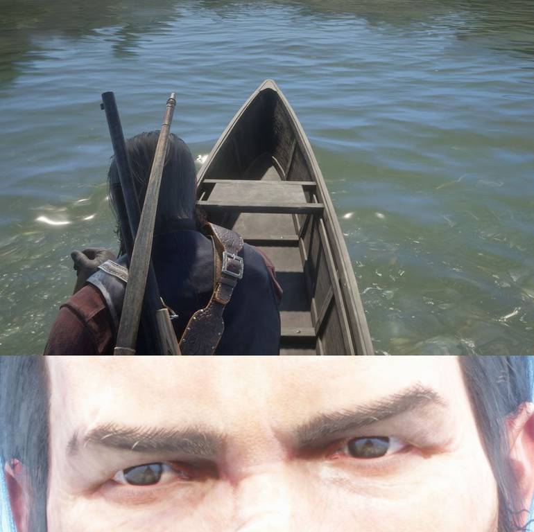 The boat is reflected in the eyes of Arthur Morgan.