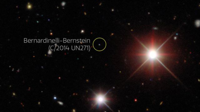 The image shows Comet Bernardinelli-Bernstein, a bright spot in the dark sky.