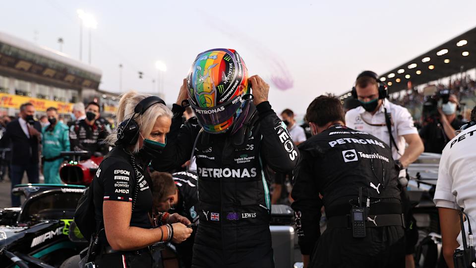 DOHA, QATAR - NOVEMBER 21: Lewis Hamilton of Great Britain and Mercedes GB prepares to drive on the grid during the Formula 1 Grand Prix of Qatar at Losail International Circuit on November 21, 2021 in Doha, Qatar.  (Photo by Lars Baron/Getty Images)