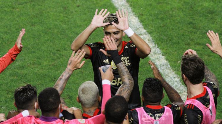 Andreas Pereira celebrates Flamengo's goal against Santos at Villa Belmiro - Fernanda Luz / AGIF - Fernanda Luz / AGIF