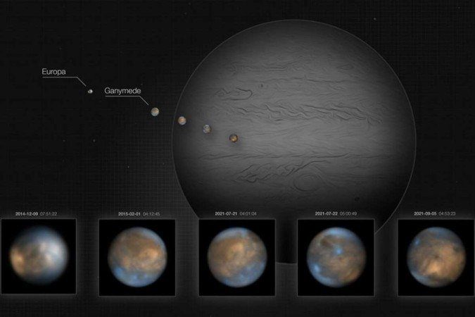 This image shows two of Jupiter's moons, icy Ganymede and Europa, imaged in infrared using the SPHERE instrument on ESO's Very Large Telescope (credit: ESO/King & Fletcher. Jupiter bac)